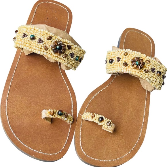 Women's Full Beaded Stretch Sandals Summer Beach Slip On Toe Ring Flat Shoes - Picture 7 of 7